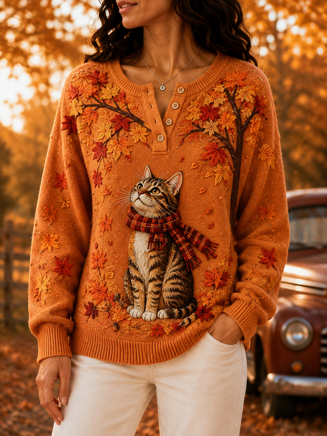 Women's Casual Print Button-Up Collar Knit Top